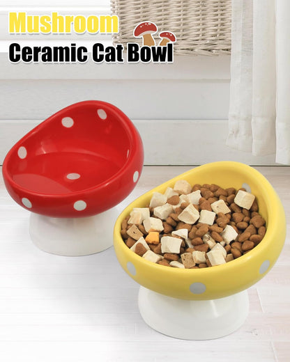 Raised Ceramic Cat Bowl, Mushroom Cute Elevated Cat Bowls Whisker Friendly, Premium Food-Grade Ceramic, Yellow
