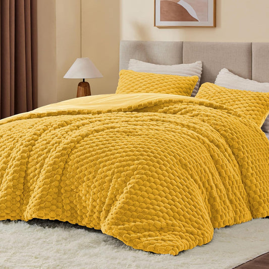 Fluffy King Size Comforter Set - Yellow Fleece Soft Comforter for King Size Bed, Luxury Warm Bedding Set for Winter, Fuzzy Bed Set 3 Pieces (1 Comforter, 2 Pillowcases)