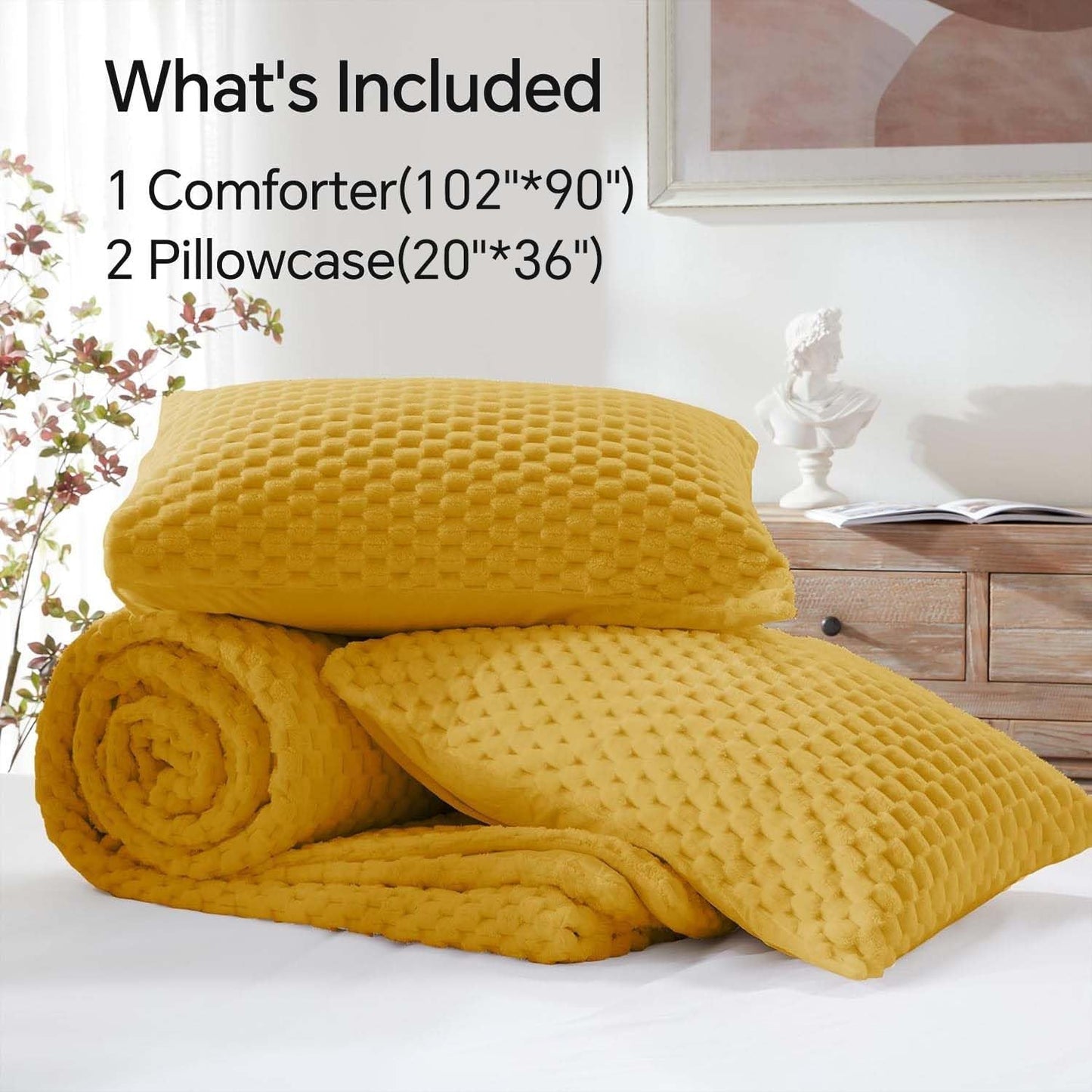 Fluffy King Size Comforter Set - Yellow Fleece Soft Comforter for King Size Bed, Luxury Warm Bedding Set for Winter, Fuzzy Bed Set 3 Pieces (1 Comforter, 2 Pillowcases)