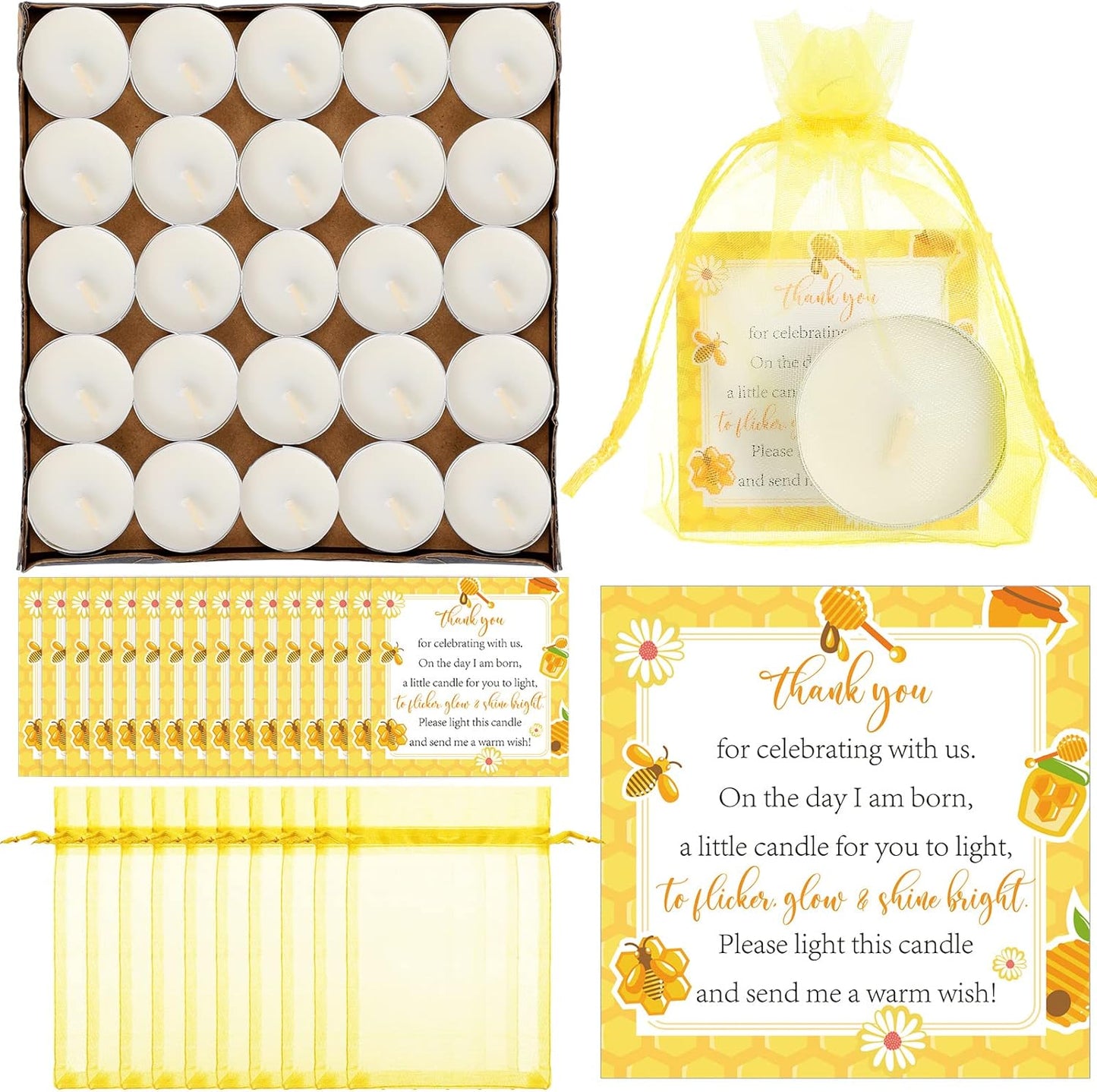 50 Set Bee Theme Baby Shower Party Favors Include Tea Light Candles, Bee Greeting Cards and Yellow Organza Bags Return Gifts for Gender Reveal Party