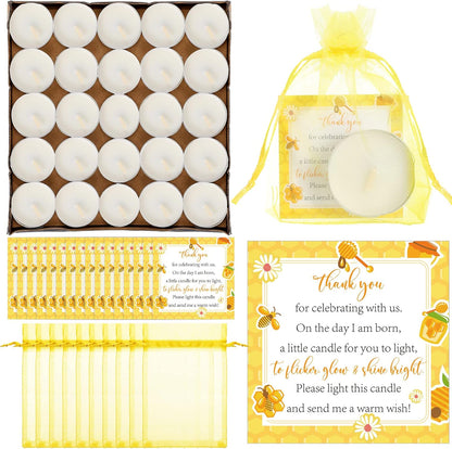 50 Set Bee Theme Baby Shower Party Favors Include Tea Light Candles, Bee Greeting Cards and Yellow Organza Bags Return Gifts for Gender Reveal Party
