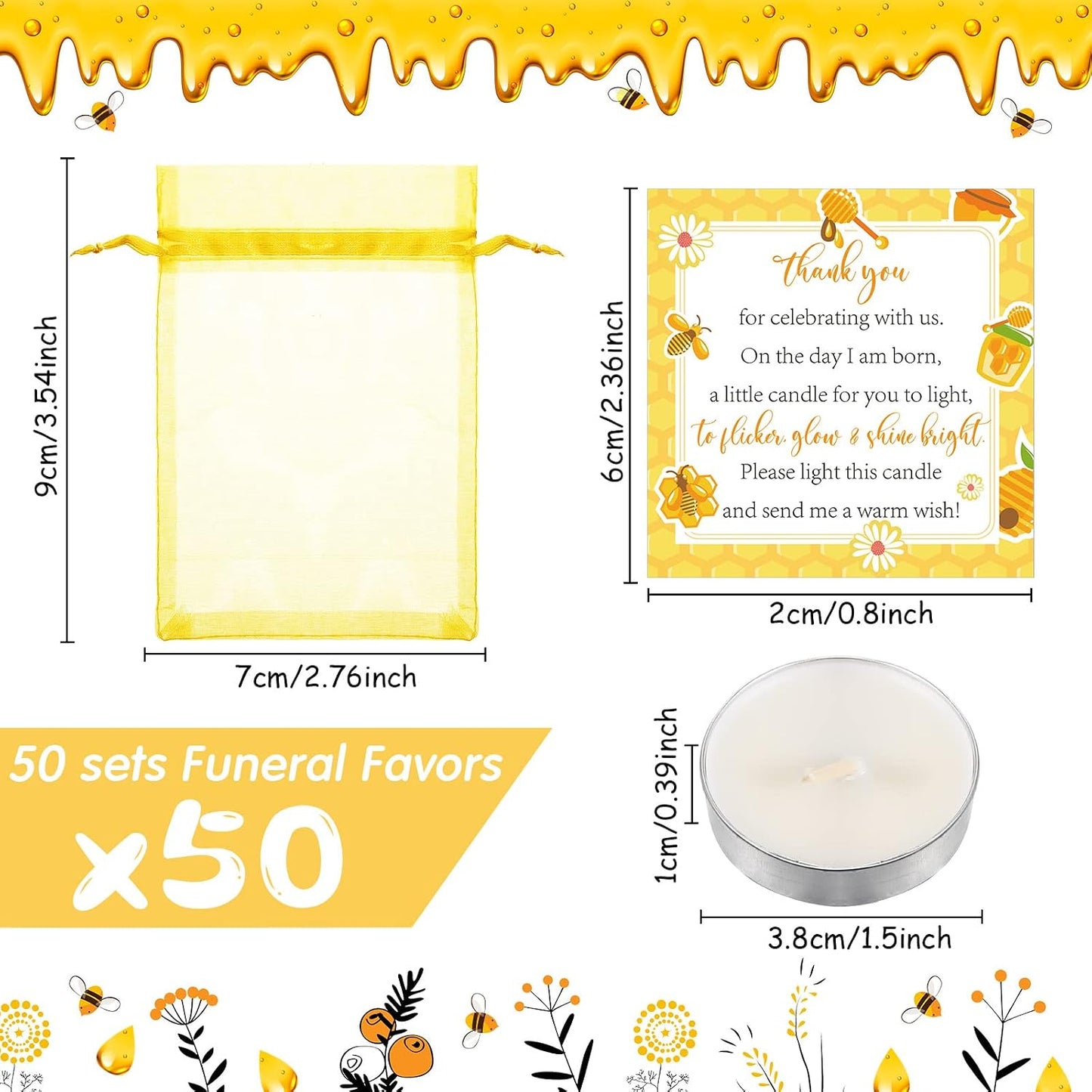 50 Set Bee Theme Baby Shower Party Favors Include Tea Light Candles, Bee Greeting Cards and Yellow Organza Bags Return Gifts for Gender Reveal Party