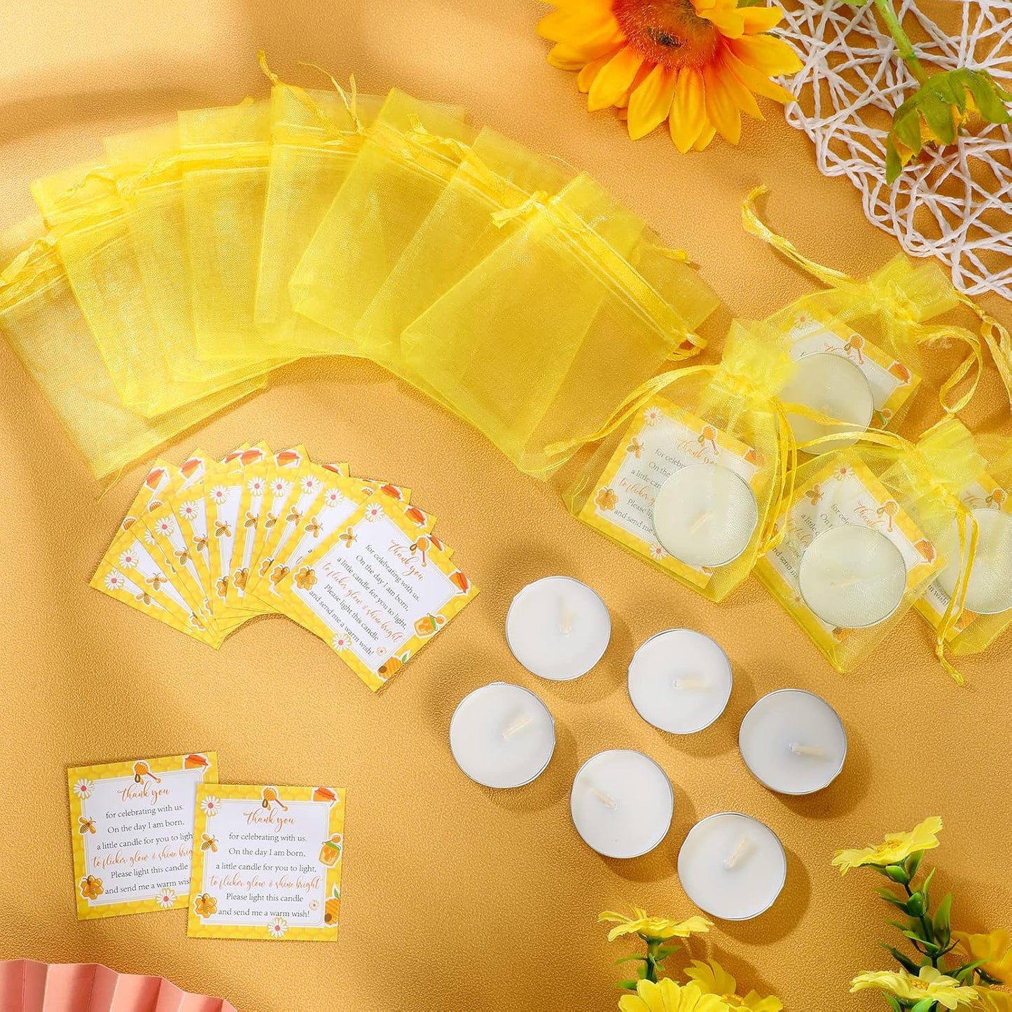 50 Set Bee Theme Baby Shower Party Favors Include Tea Light Candles, Bee Greeting Cards and Yellow Organza Bags Return Gifts for Gender Reveal Party