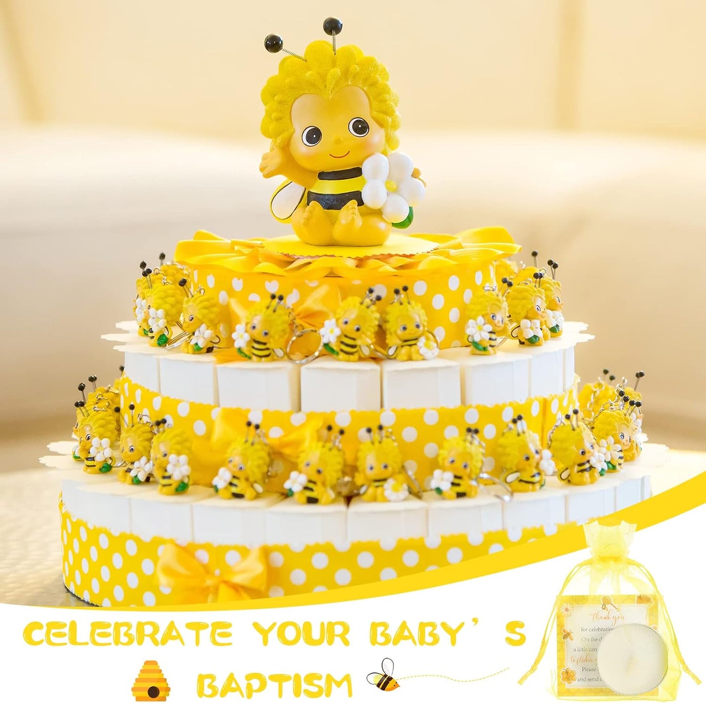 50 Set Bee Theme Baby Shower Party Favors Include Tea Light Candles, Bee Greeting Cards and Yellow Organza Bags Return Gifts for Gender Reveal Party