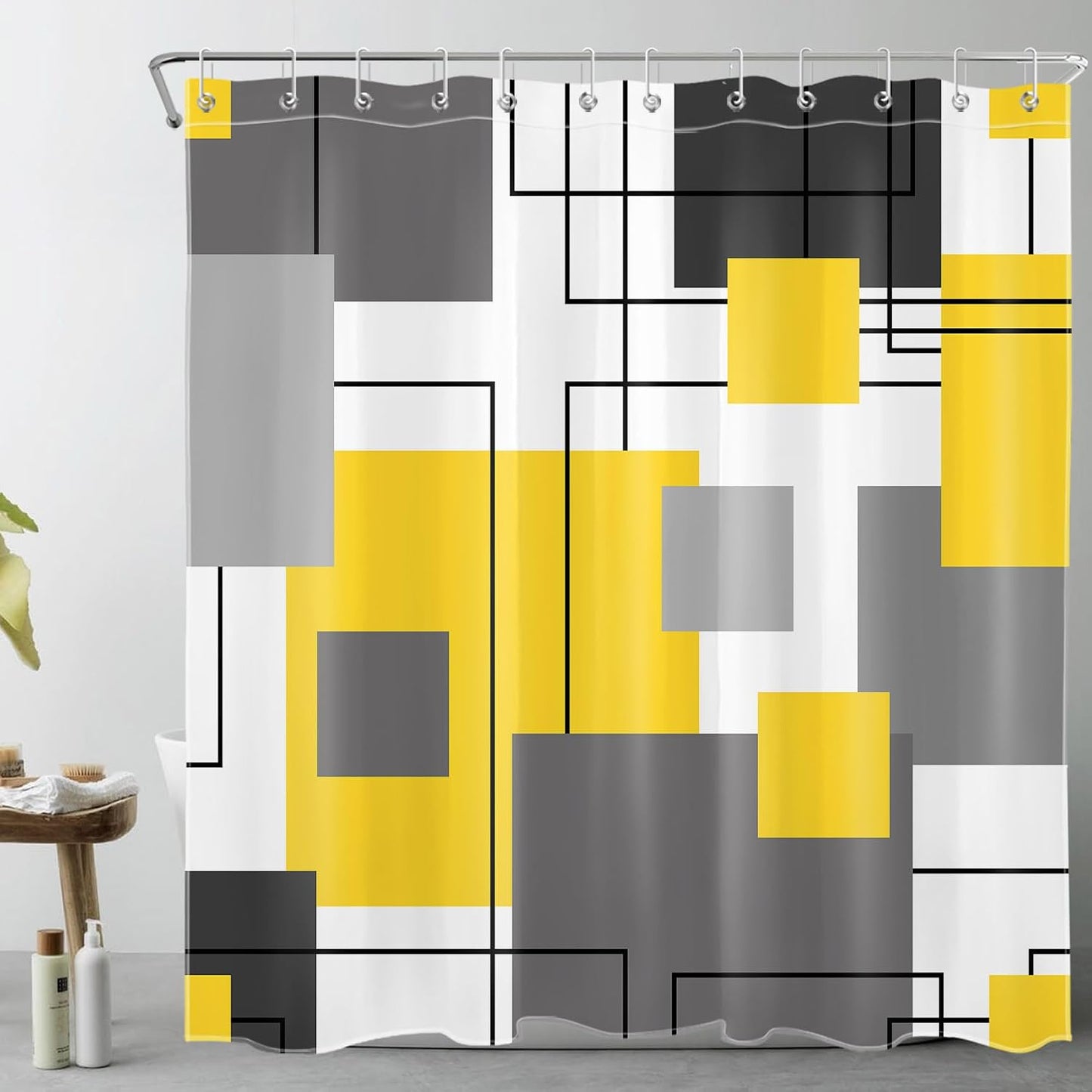Grey and Yellow Geometric Shower Curtain for Bathroom, Abstract Minimalist Modern Fabric Shower Curtain with Hooks,Black and White Striped Bathroom Curtain Shower Set,72" W x 72" L