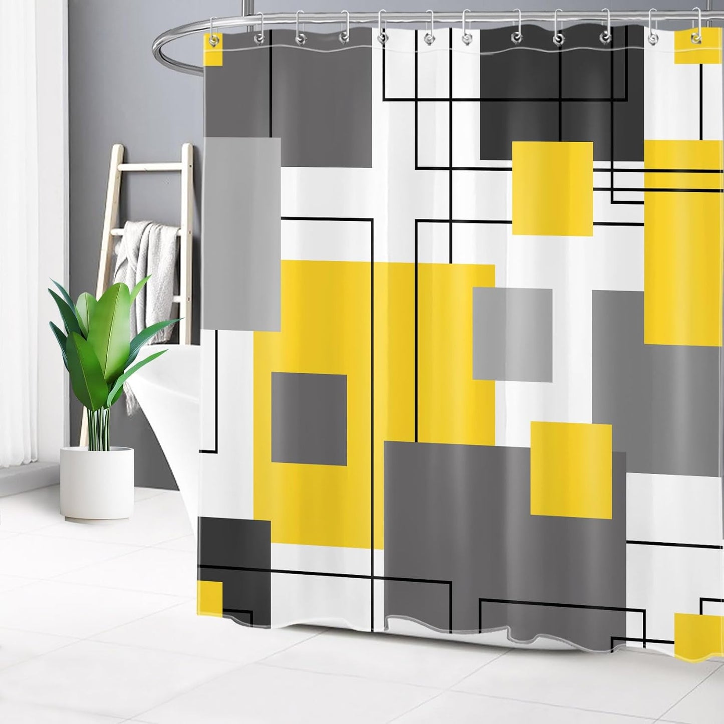 Grey and Yellow Geometric Shower Curtain for Bathroom, Abstract Minimalist Modern Fabric Shower Curtain with Hooks,Black and White Striped Bathroom Curtain Shower Set,72" W x 72" L