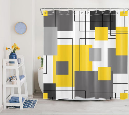 Grey and Yellow Geometric Shower Curtain for Bathroom, Abstract Minimalist Modern Fabric Shower Curtain with Hooks,Black and White Striped Bathroom Curtain Shower Set,72" W x 72" L
