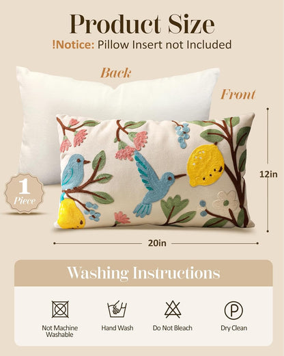 Embroidered Lumbar Pillow Cover 20x12 Inch - Spring Summer Boho Decorative Pillow Cover with Zipper for Living Room Couch Sofa Bed Aesthetic Design Bird Lemon Cushion Pillowcase