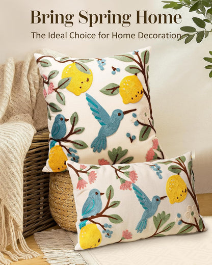 Embroidered Lumbar Pillow Cover 20x12 Inch - Spring Summer Boho Decorative Pillow Cover with Zipper for Living Room Couch Sofa Bed Aesthetic Design Bird Lemon Cushion Pillowcase
