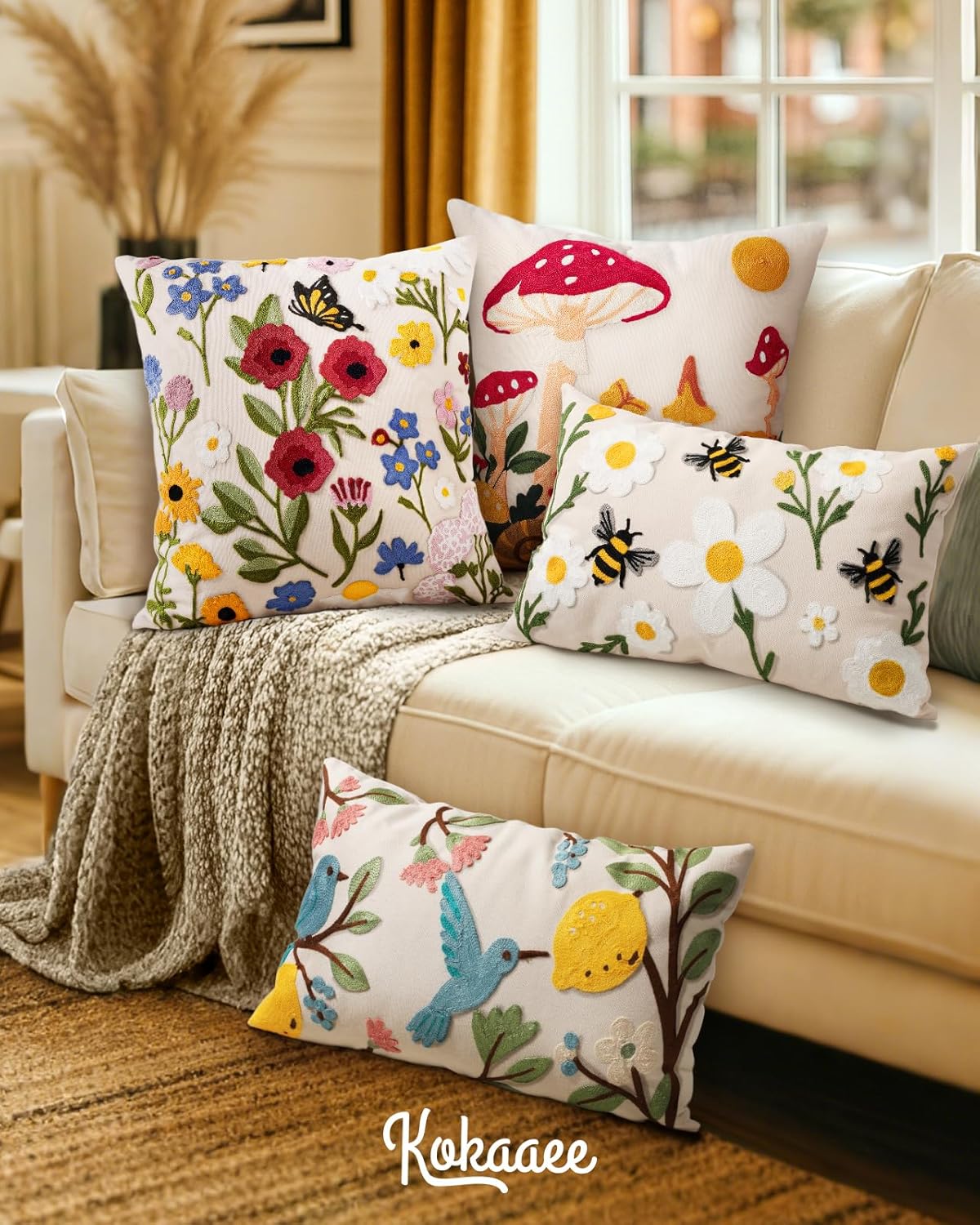 Embroidered Lumbar Pillow Cover 20x12 Inch - Spring Summer Boho Decorative Pillow Cover with Zipper for Living Room Couch Sofa Bed Aesthetic Design Bird Lemon Cushion Pillowcase
