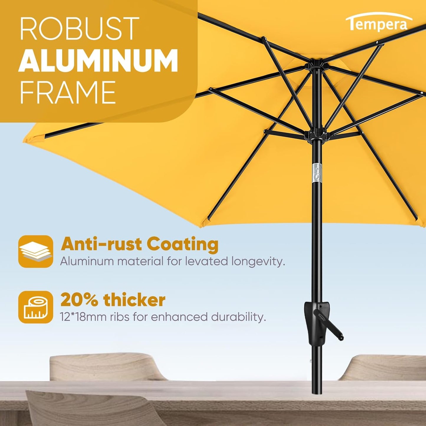 Tempera Patio Market Outdoor Table Umbrella with Push Button Tilt and Crank, Large Sun Umbrella with Sturdy Pole & Fade Resistant Canopy, Easy to Set