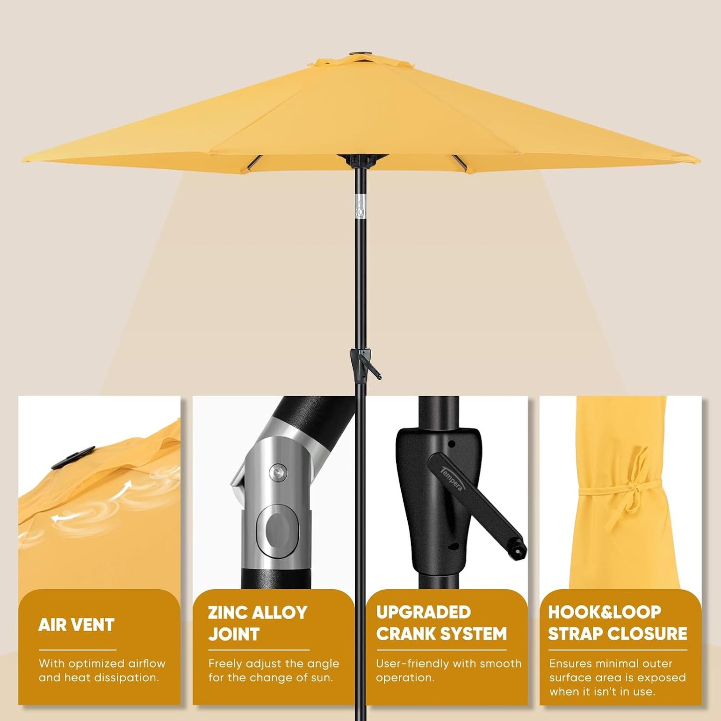 Tempera Patio Market Outdoor Table Umbrella with Push Button Tilt and Crank, Large Sun Umbrella with Sturdy Pole & Fade Resistant Canopy, Easy to Set