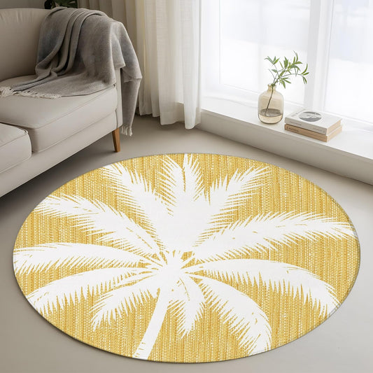 Round Rug 3.3ft Light Yellow Palm Tree for Bedroom Entryway, Machine Washable Non Slip Circle Area Rug Summer Country Vintage Tropical Coastal Leaf Soft Low Profile Indoor Rug for Reading Corner