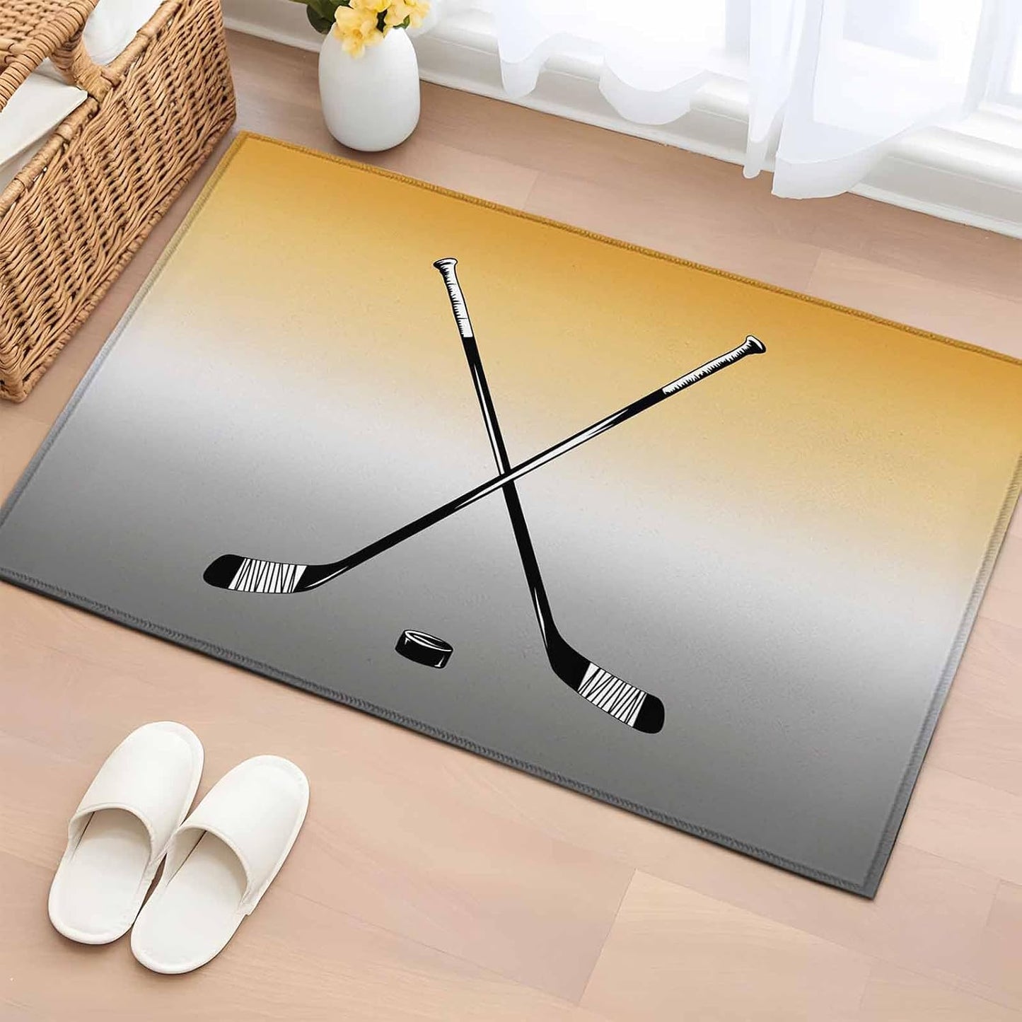 Ice Hockey Entryway Rug 2'x3', Winter Sports Yellow Grey Gradients Small Area Rug Non-Slip Front Door Mat Washable Floor Carpet for Indoor Entrance Kitchen Bathroom