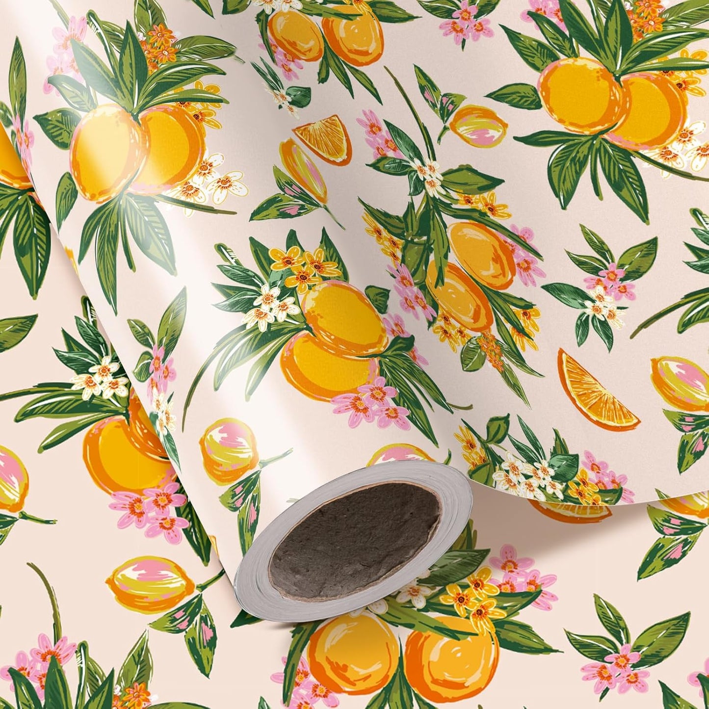 Orange Floral Wrapping Paper Roll - Mini Roll - 17 Inch x 16.5 Feet - Bright Fruit Wrapping Paper Perfect for Wedding, Birthday, Bridal Shower, Tea Party