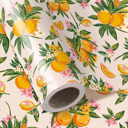 Orange Floral Wrapping Paper Roll - Mini Roll - 17 Inch x 16.5 Feet - Bright Fruit Wrapping Paper Perfect for Wedding, Birthday, Bridal Shower, Tea Party