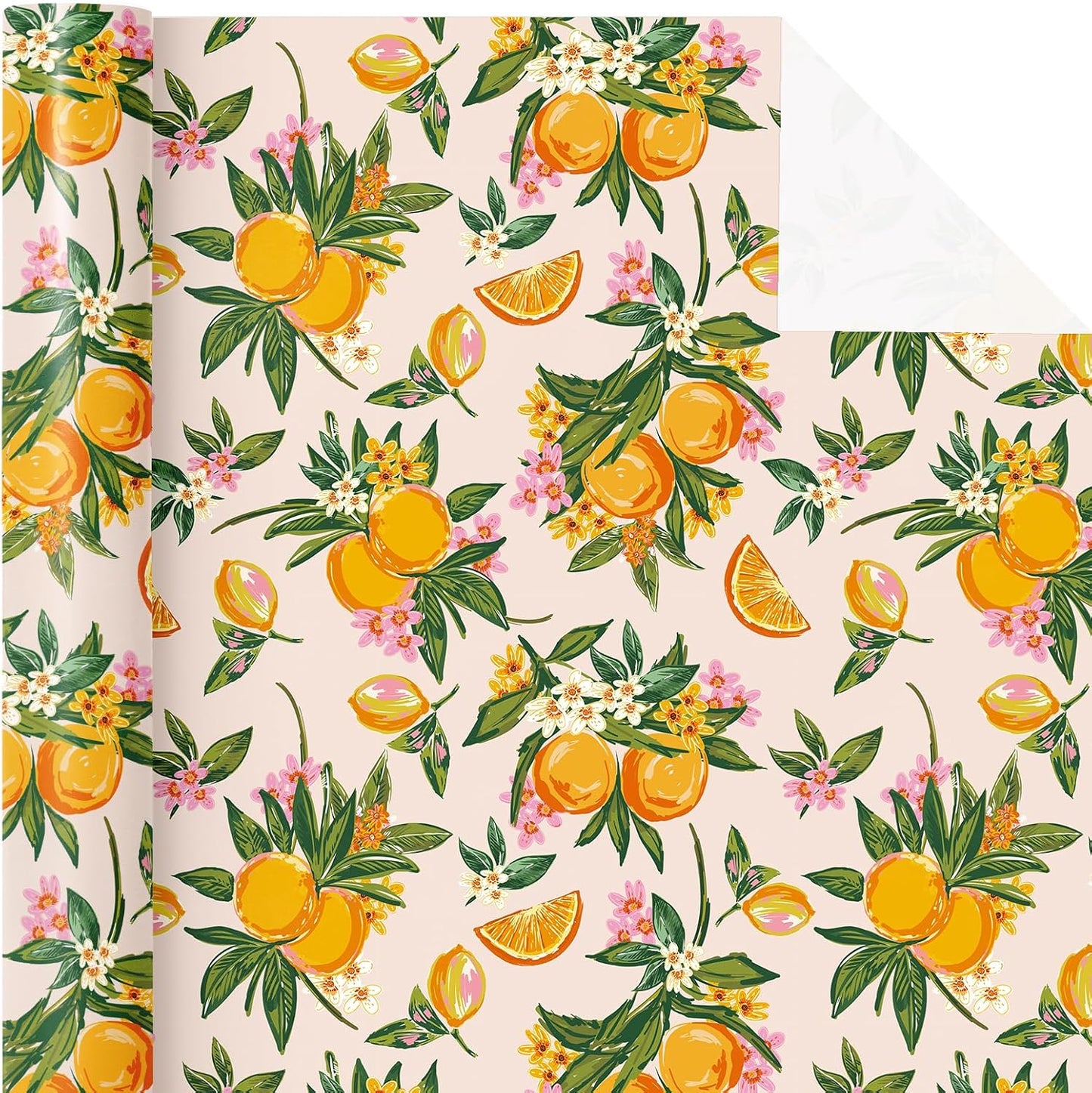 Orange Floral Wrapping Paper Roll - Mini Roll - 17 Inch x 16.5 Feet - Bright Fruit Wrapping Paper Perfect for Wedding, Birthday, Bridal Shower, Tea Party