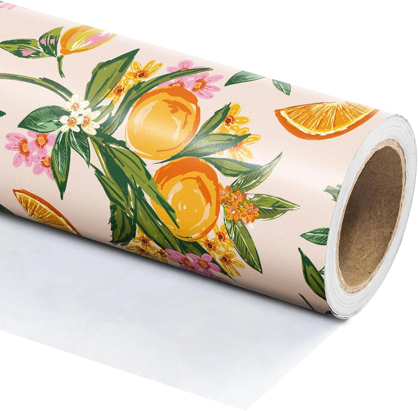 Orange Floral Wrapping Paper Roll - Mini Roll - 17 Inch x 16.5 Feet - Bright Fruit Wrapping Paper Perfect for Wedding, Birthday, Bridal Shower, Tea Party