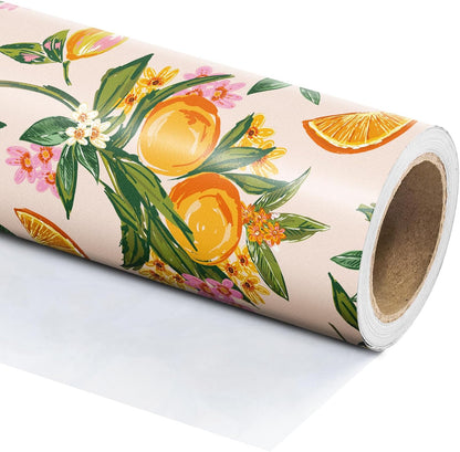 Orange Floral Wrapping Paper Roll - Mini Roll - 17 Inch x 16.5 Feet - Bright Fruit Wrapping Paper Perfect for Wedding, Birthday, Bridal Shower, Tea Party
