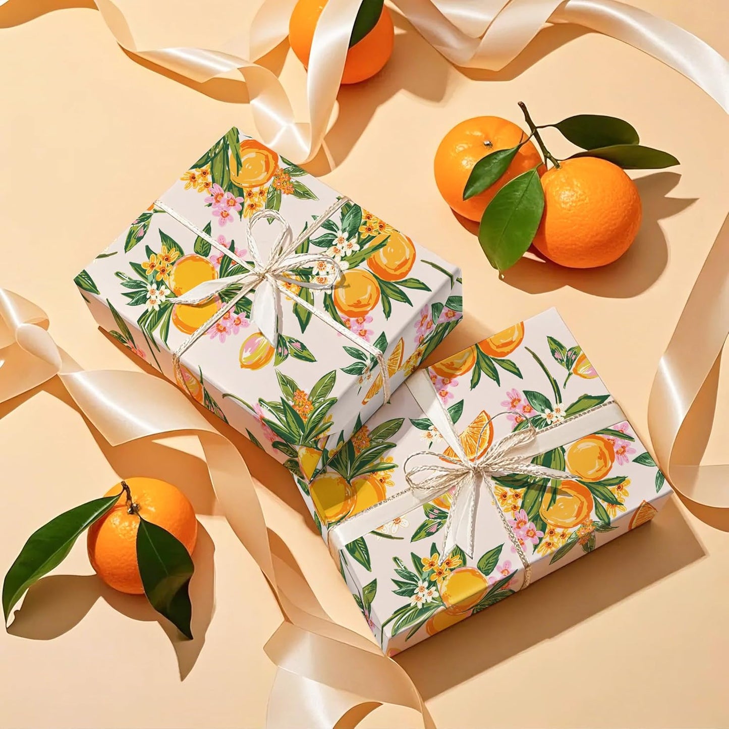 Orange Floral Wrapping Paper Roll - Mini Roll - 17 Inch x 16.5 Feet - Bright Fruit Wrapping Paper Perfect for Wedding, Birthday, Bridal Shower, Tea Party