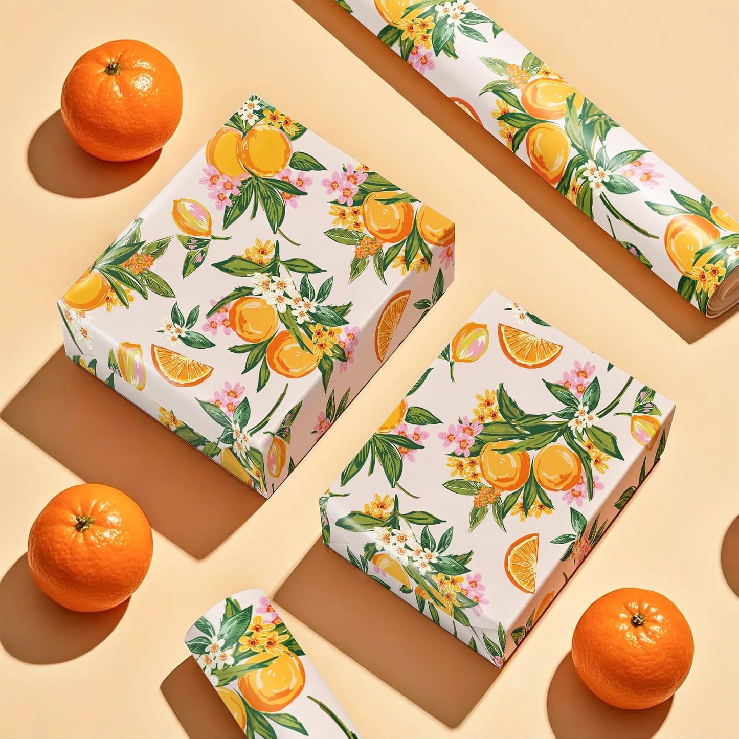 Orange Floral Wrapping Paper Roll - Mini Roll - 17 Inch x 16.5 Feet - Bright Fruit Wrapping Paper Perfect for Wedding, Birthday, Bridal Shower, Tea Party
