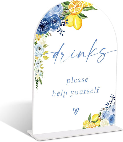 Blue Floral Lemon Drinks Please Help Yourself Sign, Arch Acrylic Sign, Something Blue Wedding Signage for Reception, Bridal Shower Table Decor, Engagement, Wedding Must Haves for Reception, 31