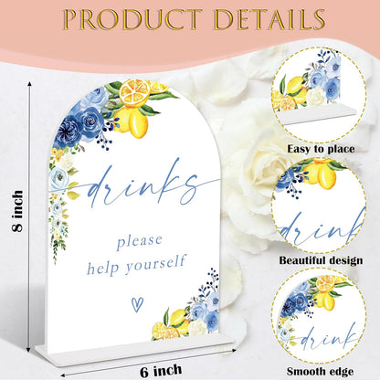 Blue Floral Lemon Drinks Please Help Yourself Sign, Arch Acrylic Sign, Something Blue Wedding Signage for Reception, Bridal Shower Table Decor, Engagement, Wedding Must Haves for Reception, 31