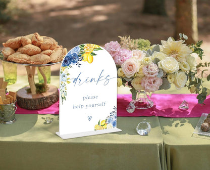 Blue Floral Lemon Drinks Please Help Yourself Sign, Arch Acrylic Sign, Something Blue Wedding Signage for Reception, Bridal Shower Table Decor, Engagement, Wedding Must Haves for Reception, 31