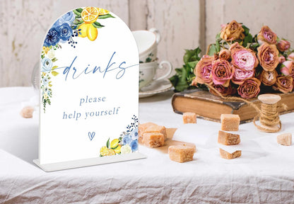 Blue Floral Lemon Drinks Please Help Yourself Sign, Arch Acrylic Sign, Something Blue Wedding Signage for Reception, Bridal Shower Table Decor, Engagement, Wedding Must Haves for Reception, 31