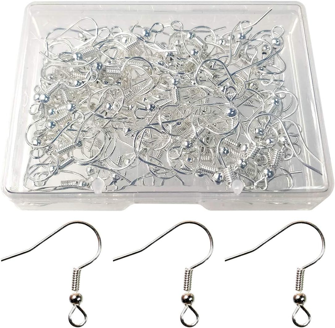 Earring Hooks with Ball and Coil, Hypo Allergenic Plated Silver Ear Wires | with Transparent Storage Box, for DIY Jewelry Making(120Pcs)