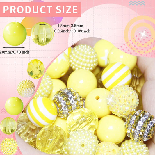 50 Pcs 20mm Beads for Pens Making Rhinestone Bubblegum Beads Yellow Crystal Acrylic Round Chunky Bead Sparkly Large Bead for Pen Beadable Keychain Bracelet Necklace DIY Craft Jewelry Making Supplies