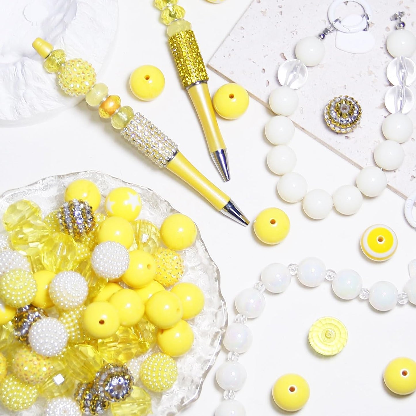 50 Pcs 20mm Beads for Pens Making Rhinestone Bubblegum Beads Yellow Crystal Acrylic Round Chunky Bead Sparkly Large Bead for Pen Beadable Keychain Bracelet Necklace DIY Craft Jewelry Making Supplies