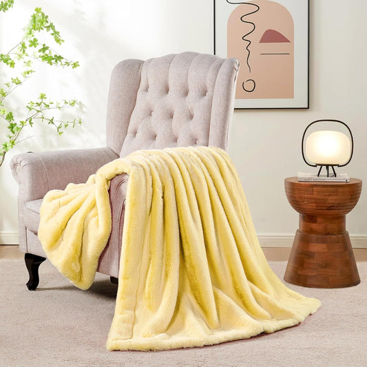 Luxurious Faux Fur Throw Blanket - 800gsm Heavy Thick Plush Warm Throw for Couch Bed Sofa, Soft Fluffy Fuzzy Blanket Reversible to Cozy Velvet, 50" x 60", Daffodil Yellow