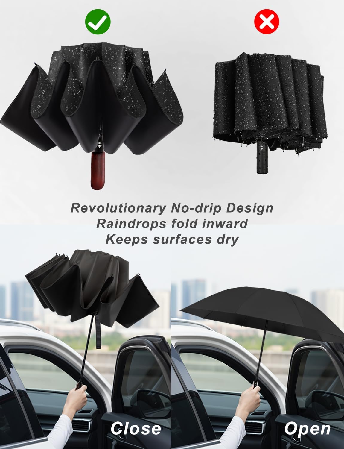 10 Ribs 46" Travel Sun & rain Automatic Reverse Umbrella, for Windproof Umbrella, Compact Parasol with 95% UV Protection for women and men