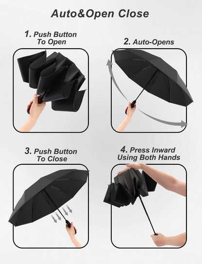 10 Ribs 46" Travel Sun & rain Automatic Reverse Umbrella, for Windproof Umbrella, Compact Parasol with 95% UV Protection for women and men