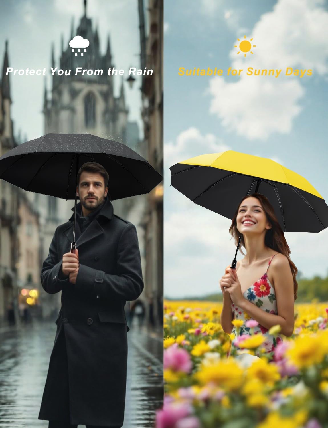 10 Ribs 46" Travel Sun & rain Automatic Reverse Umbrella, for Windproof Umbrella, Compact Parasol with 95% UV Protection for women and men
