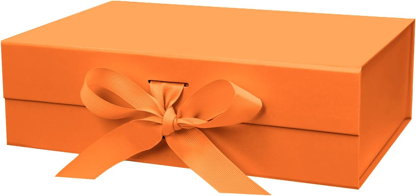 10.5"X7.5"X3.1" Orange Magnetic Gift Box with Lid and Ribbon for Presents