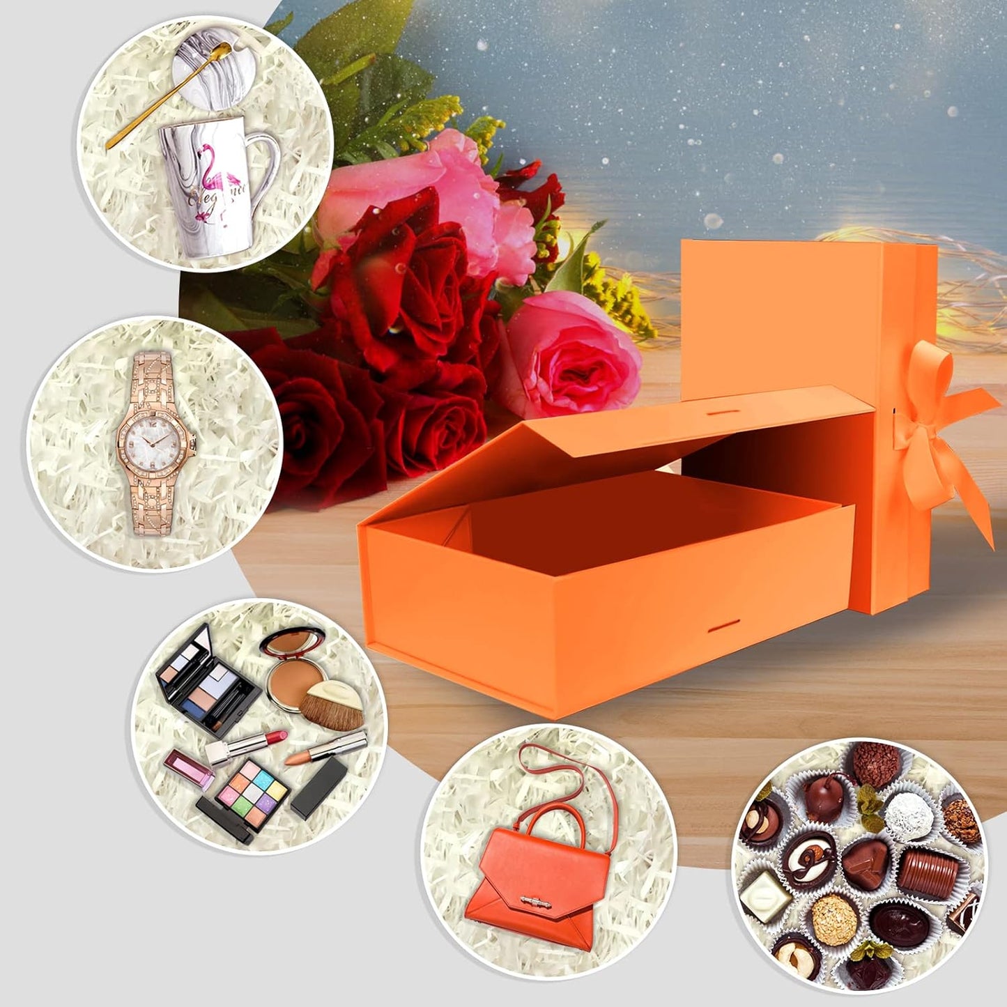10.5"X7.5"X3.1" Orange Magnetic Gift Box with Lid and Ribbon for Presents