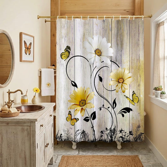 Yellow Floral Shower Curtain Farmhouse Vintage Flower Rustic Country Mustard White Daisy Sunflower Butterfly Cute Cottagecore Home Bathroom Decor Bathtub Set with 12 Hooks, 60X72 Inch, Retro