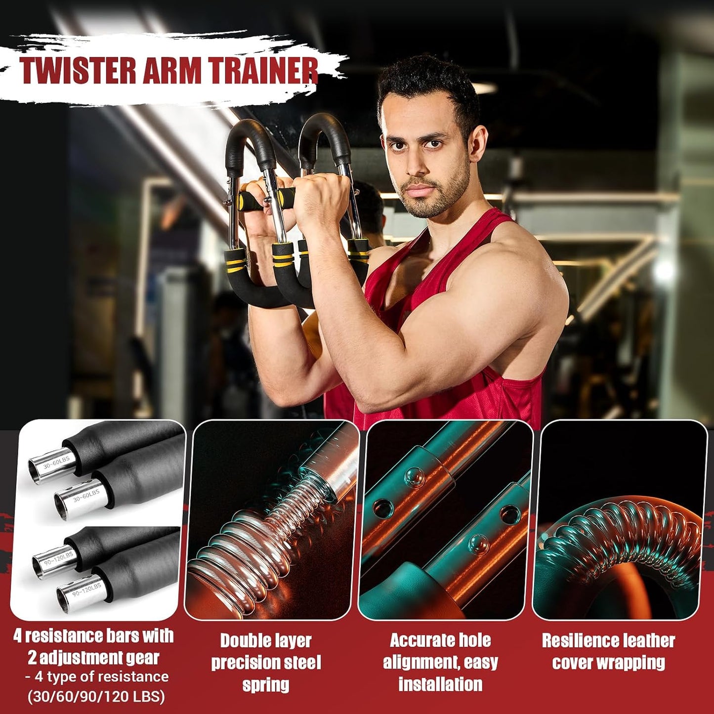 Twister Arm Trainer, 30-120 lbs Adjustable Twister Arm Chest Exerciser with 4 Spring & Poster for Men & Women, Detachable Power Twister Home Fitness Equipment for Enhancing Upper Body Muscle