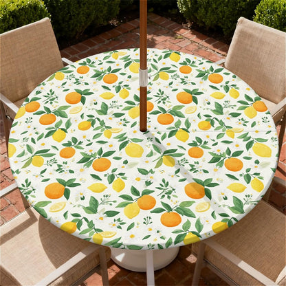 Round Outdoor Tablecloth with Umbrella Hole and Zipper, Elastic Fitted Waterproof Patio Tablecover for Garden Patio Backyard Picnic BBQ, Fits 32"-36 Round Table, Lemon Orange