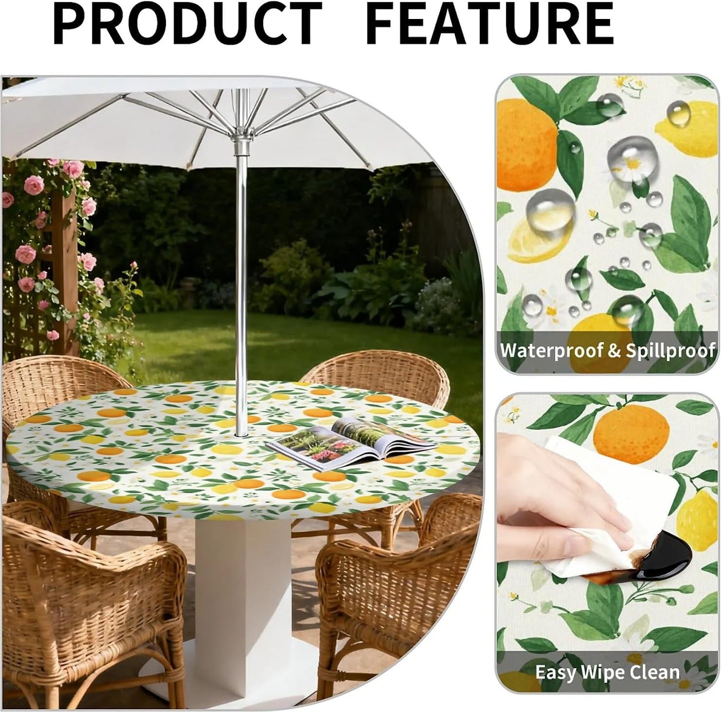 Round Outdoor Tablecloth with Umbrella Hole and Zipper, Elastic Fitted Waterproof Patio Tablecover for Garden Patio Backyard Picnic BBQ, Fits 32"-36 Round Table, Lemon Orange