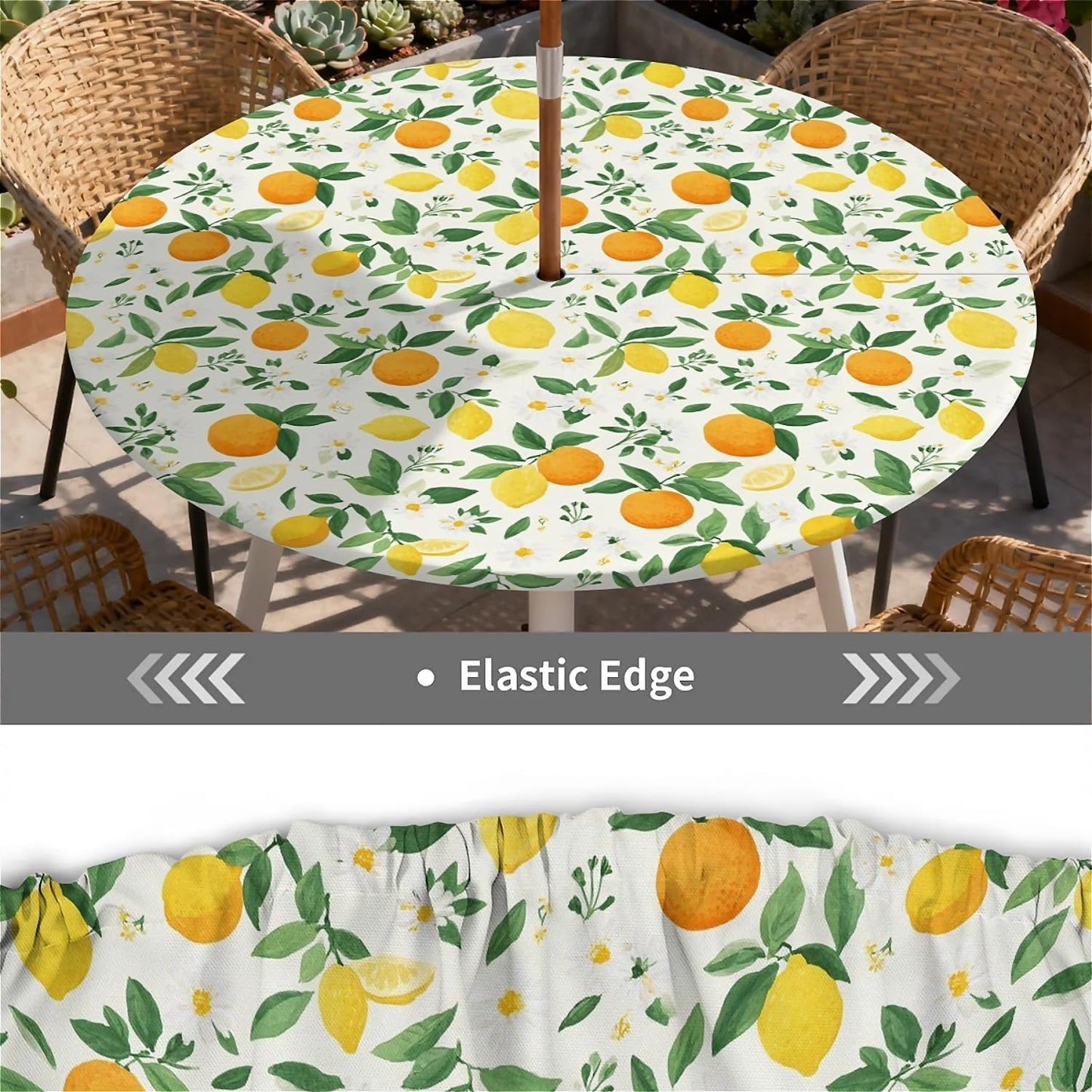 Round Outdoor Tablecloth with Umbrella Hole and Zipper, Elastic Fitted Waterproof Patio Tablecover for Garden Patio Backyard Picnic BBQ, Fits 32"-36 Round Table, Lemon Orange