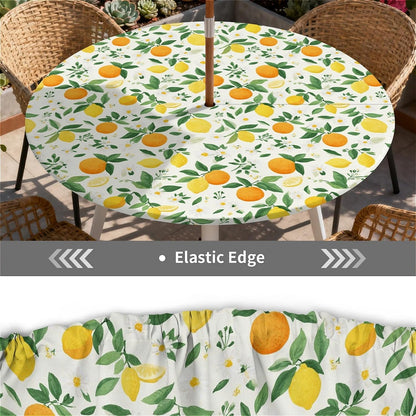 Round Outdoor Tablecloth with Umbrella Hole and Zipper, Elastic Fitted Waterproof Patio Tablecover for Garden Patio Backyard Picnic BBQ, Fits 32"-36 Round Table, Lemon Orange