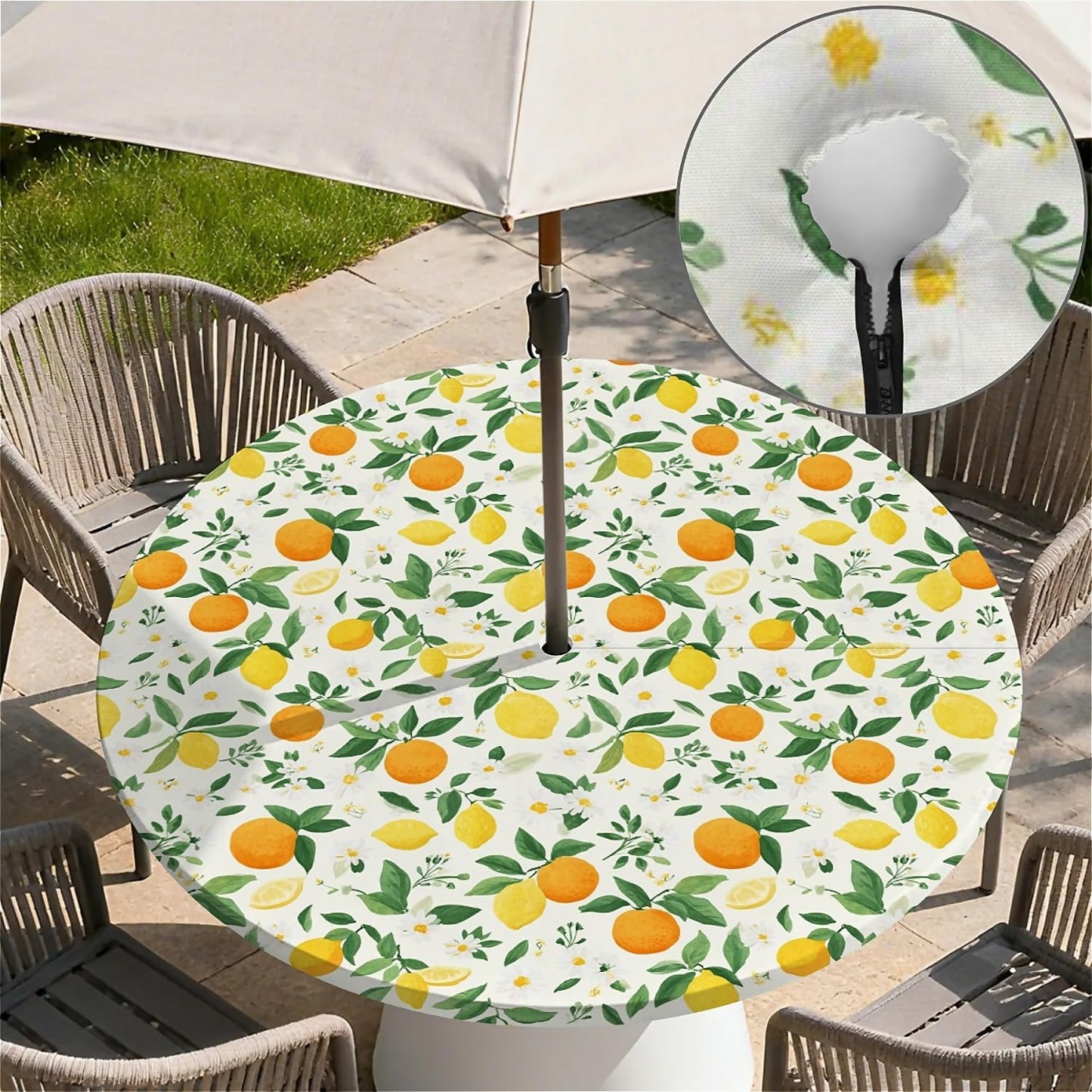 Round Outdoor Tablecloth with Umbrella Hole and Zipper, Elastic Fitted Waterproof Patio Tablecover for Garden Patio Backyard Picnic BBQ, Fits 32"-36 Round Table, Lemon Orange