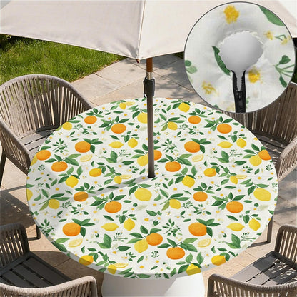 Round Outdoor Tablecloth with Umbrella Hole and Zipper, Elastic Fitted Waterproof Patio Tablecover for Garden Patio Backyard Picnic BBQ, Fits 32"-36 Round Table, Lemon Orange