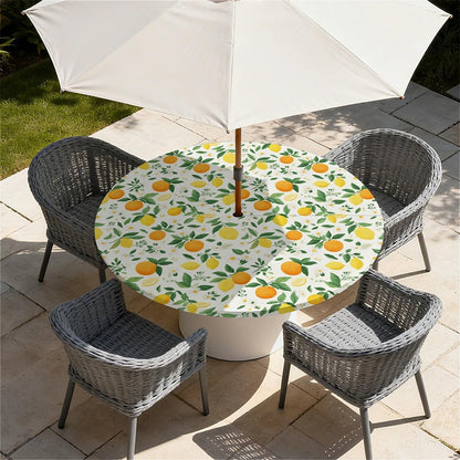 Round Outdoor Tablecloth with Umbrella Hole and Zipper, Elastic Fitted Waterproof Patio Tablecover for Garden Patio Backyard Picnic BBQ, Fits 32"-36 Round Table, Lemon Orange