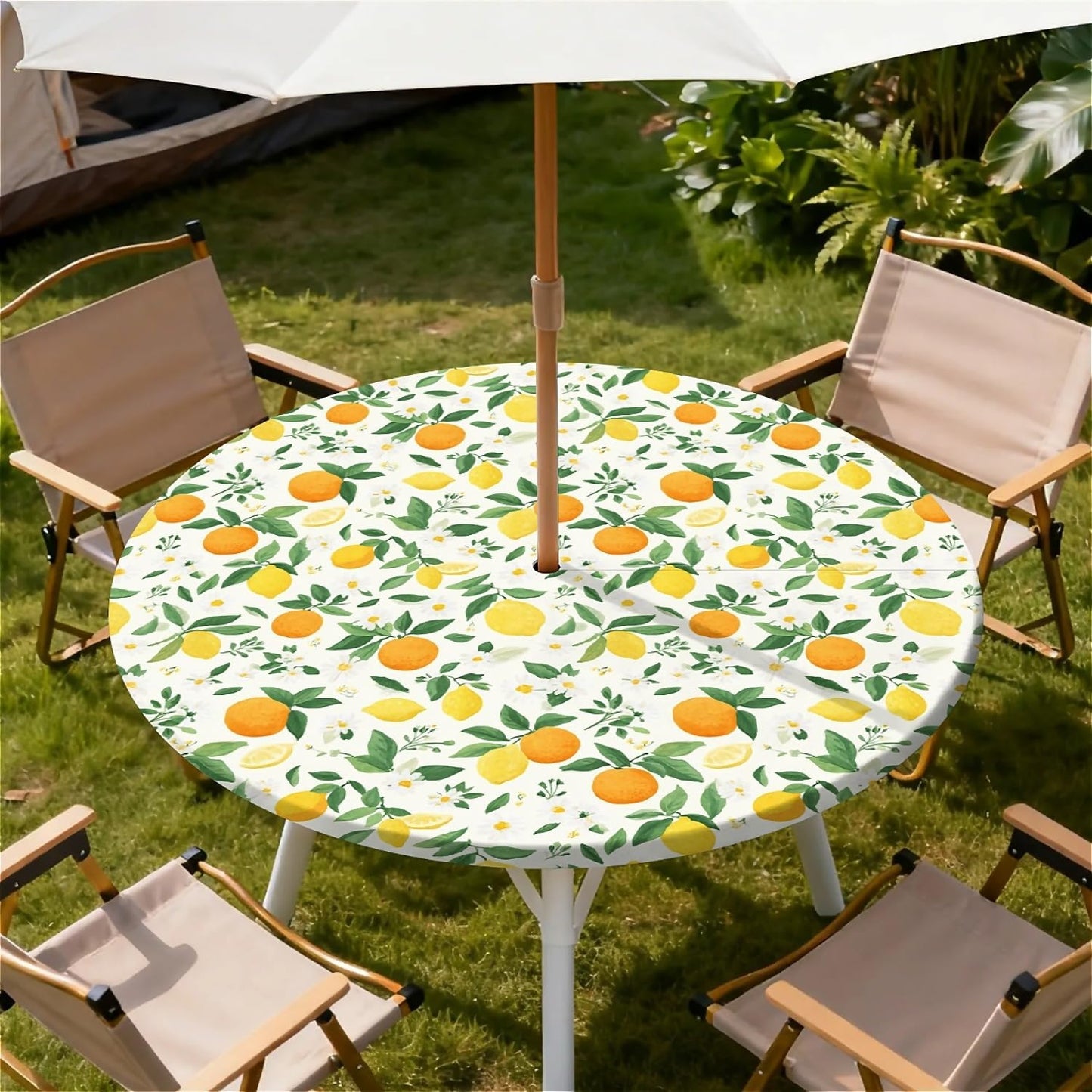 Round Outdoor Tablecloth with Umbrella Hole and Zipper, Elastic Fitted Waterproof Patio Tablecover for Garden Patio Backyard Picnic BBQ, Fits 32"-36 Round Table, Lemon Orange