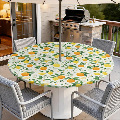 Round Outdoor Tablecloth with Umbrella Hole and Zipper, Elastic Fitted Waterproof Patio Tablecover for Garden Patio Backyard Picnic BBQ, Fits 32"-36 Round Table, Lemon Orange