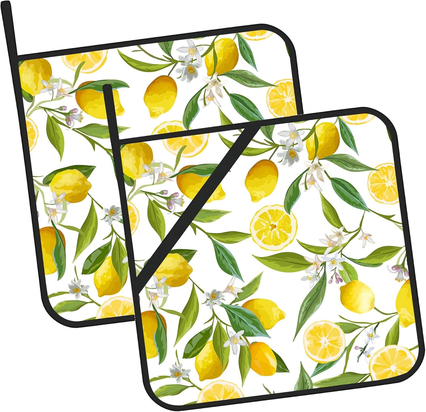 Lemon Fruits Pot Holders Set of 2 Heat Resistant & Non Slip Potholders, White Flower Oven Hot Pads for Kitchen Cooking Baking Barbecue